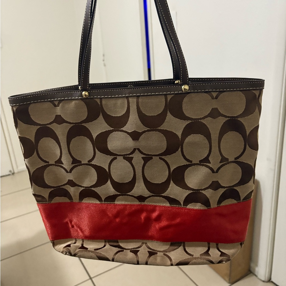Coach Signature Brown and Red Tote